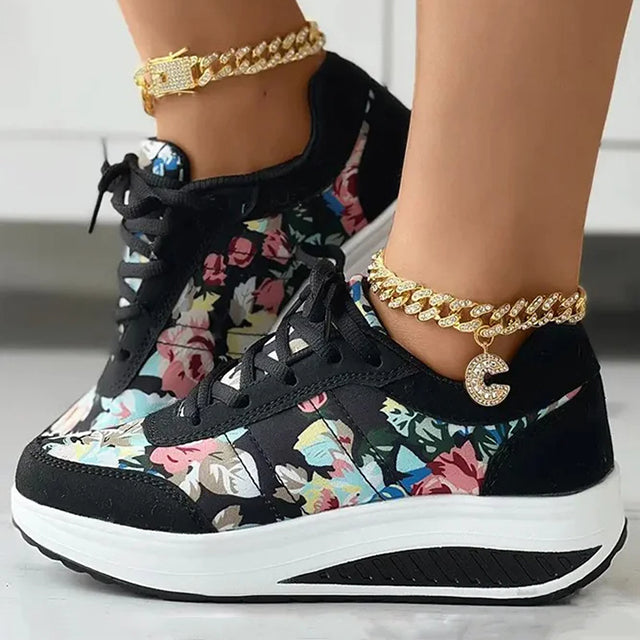 Luxe Plattform Sneaker Damen – Blumenmuster Sneaker für Freizeit und Alltag